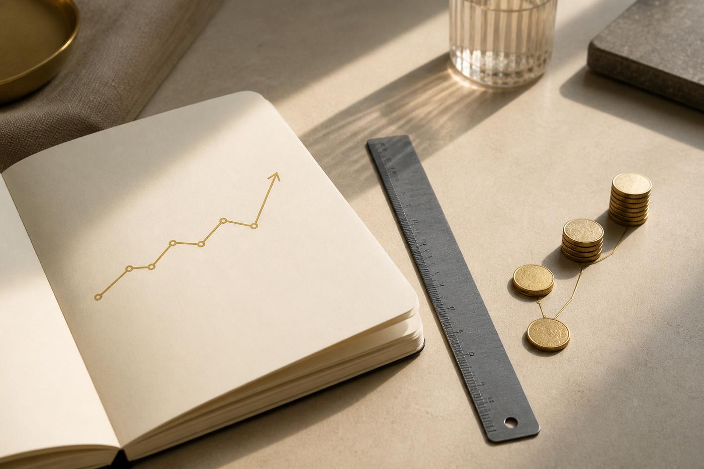 A notebook, gold coins and a ruler arranged as a simple measurement path for loyalty programme ROI
