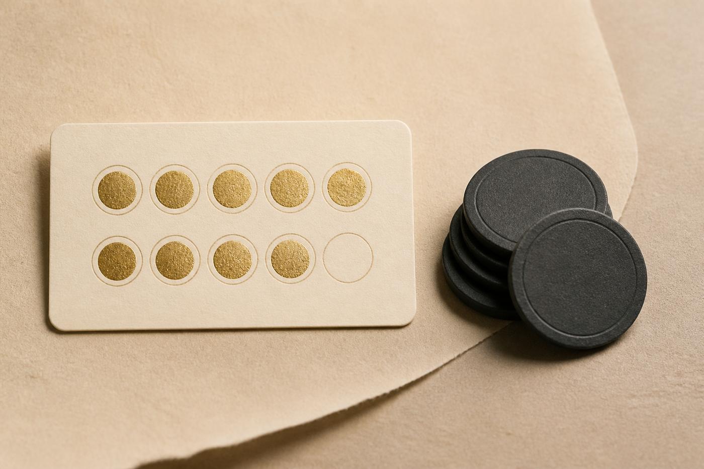 A stamp card beside a stack of point tokens, comparing two loyalty programme models
