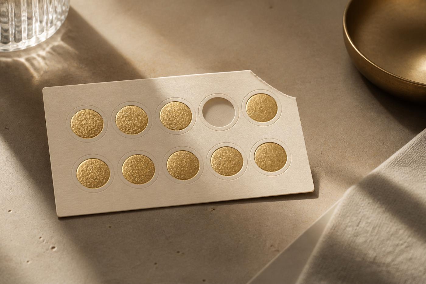 A cream loyalty card with gold stamps and one missing mark, suggesting a programme that has lost momentum